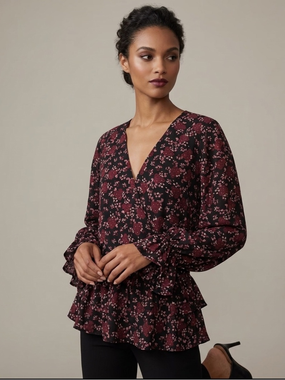 Eloquii Elements Blouse Peplum Women's 22 Pink Black Floral Faux Wrap